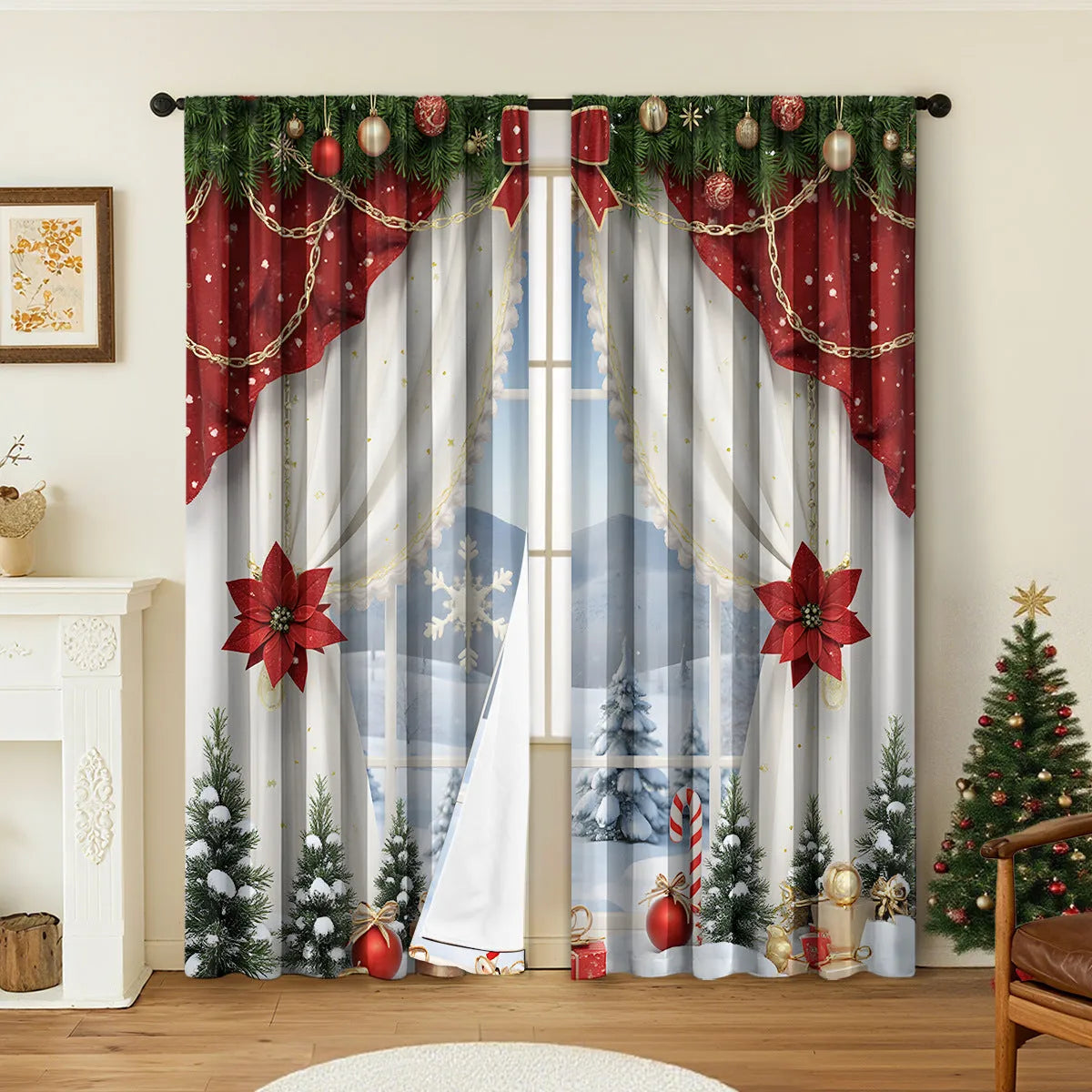 A pair of 3D digitally printed Christmas-themed curtains made from polyester fabric.