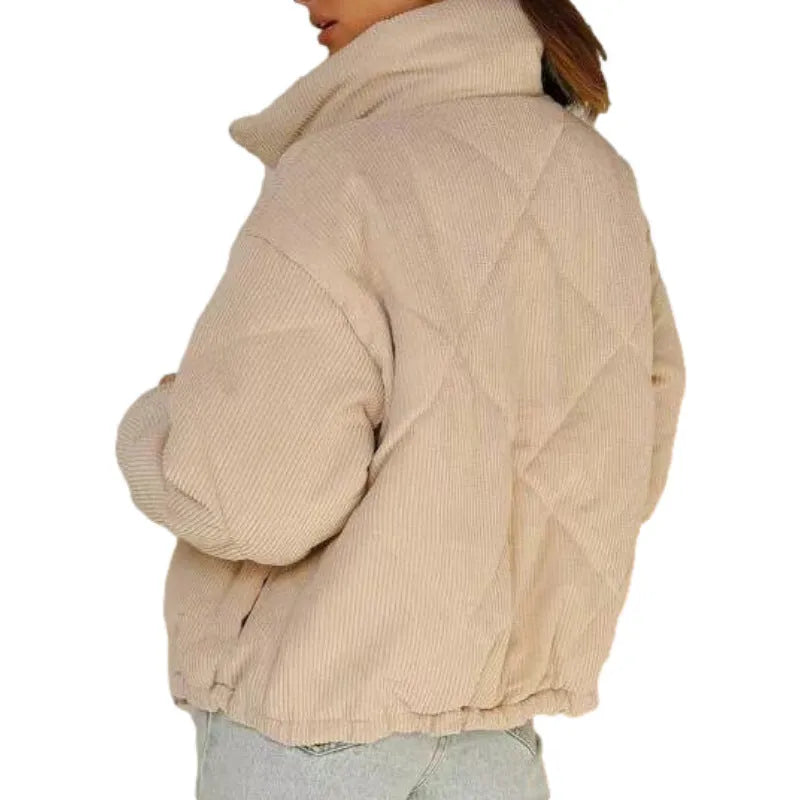 Women's apricot corduroy wadded jacket with stand collar and front zipper