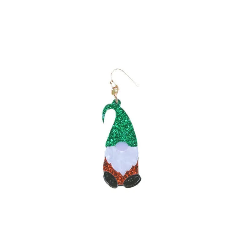 Pair of festive red and green Santa Claus cartoon character acrylic fashion earrings.