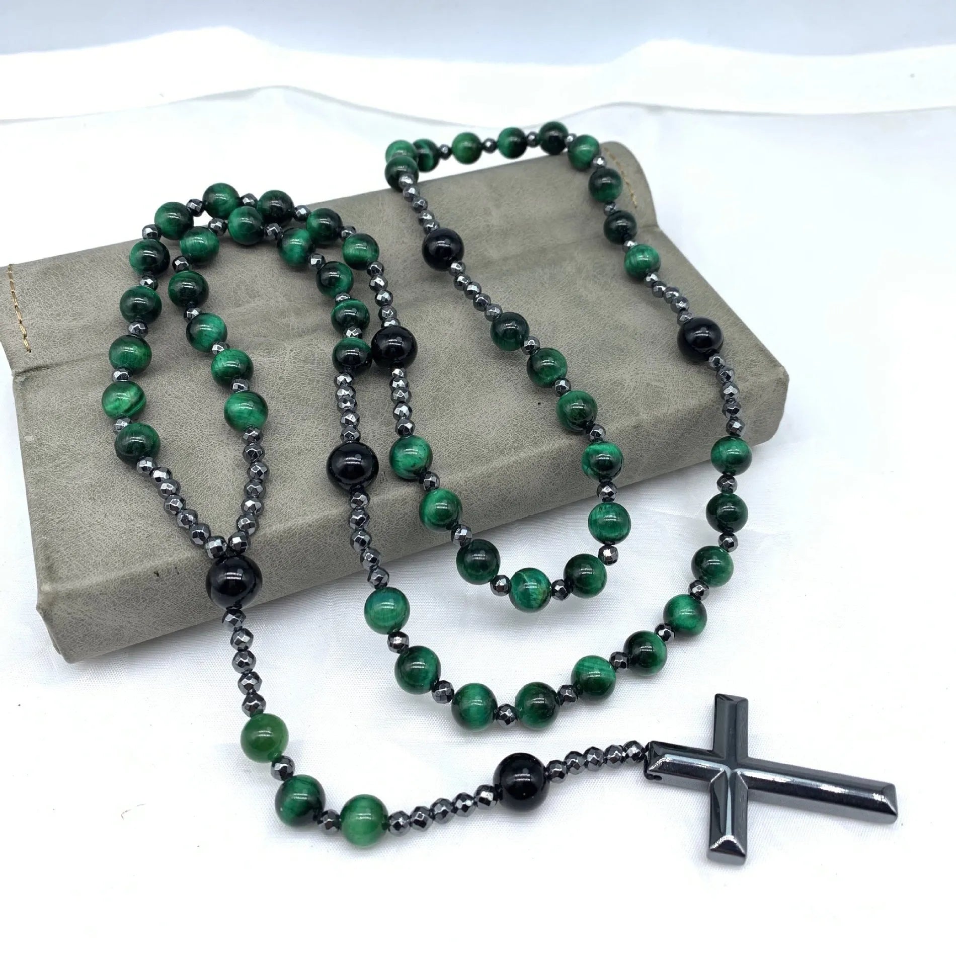 Men's stone cross pendant necklace on an 80cm ball bead chain with a safety lock.