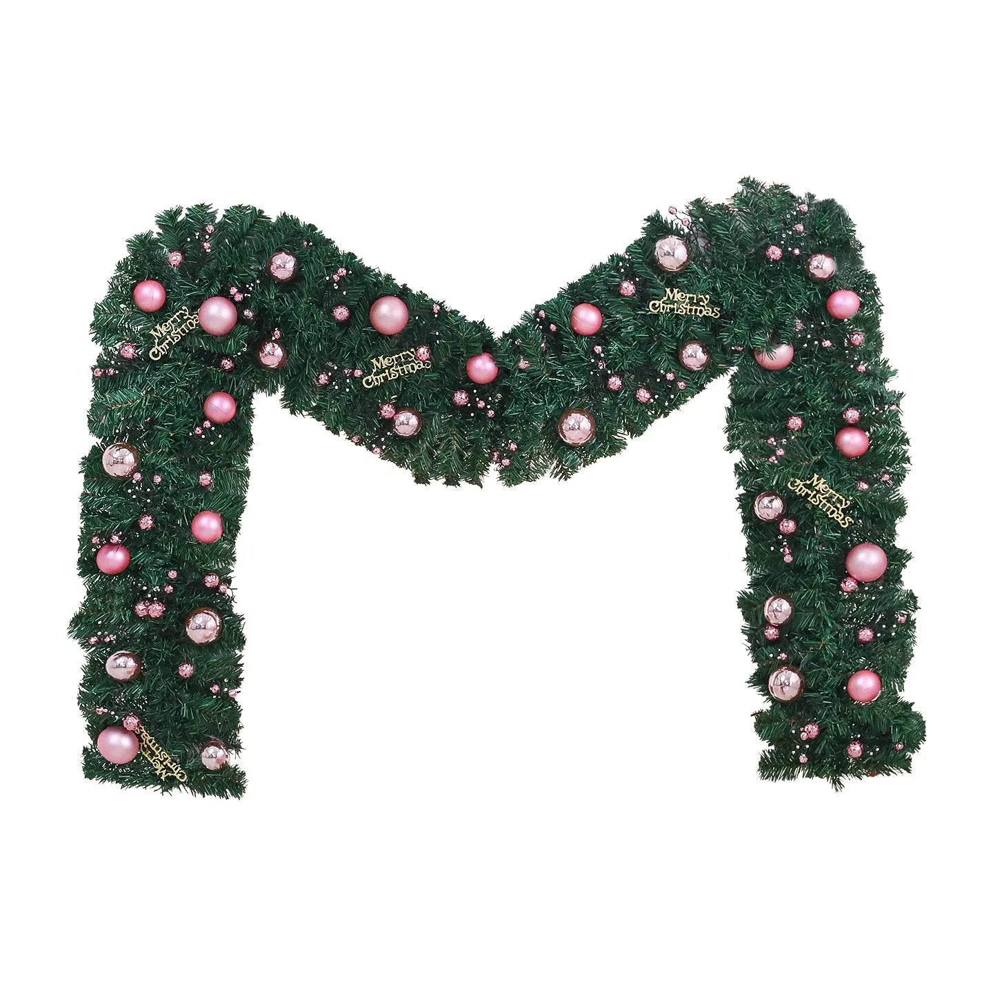 2.7 metre pink small fruit Christmas rattan garland with wrought iron frame draped along wall
