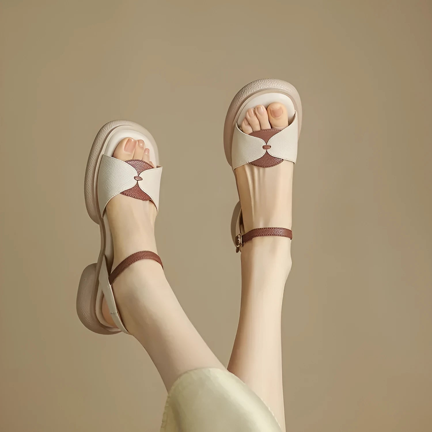 Women's chunky heel platform sandals with open toe in khaki or milky white colours