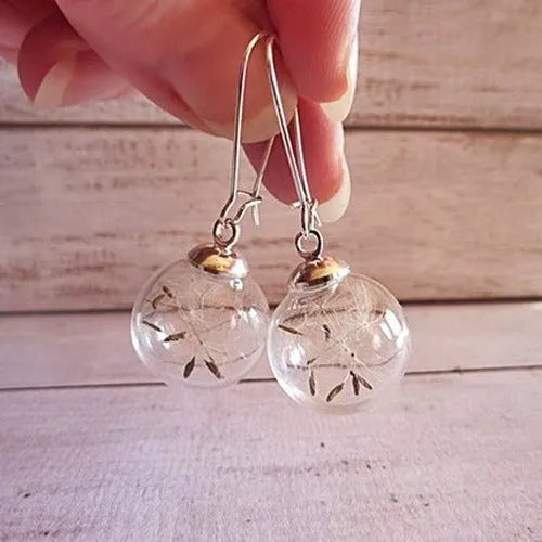 Transparent glass ball earrings with dandelion design and French hook options in silver and bronze finishes