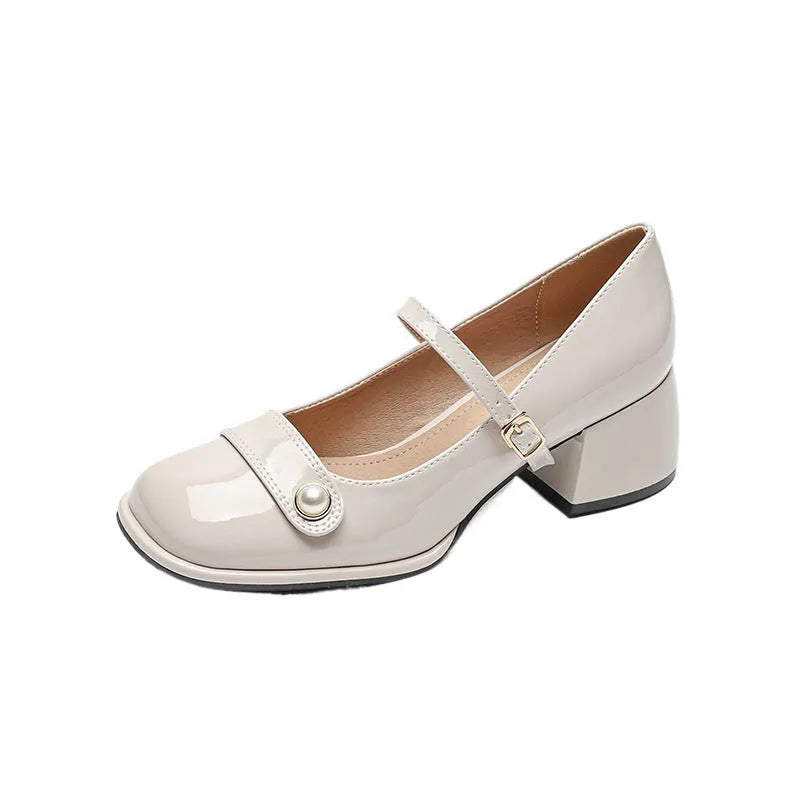 French style women's ankle boots with chunky block heels and patent leather upper in three colour options
