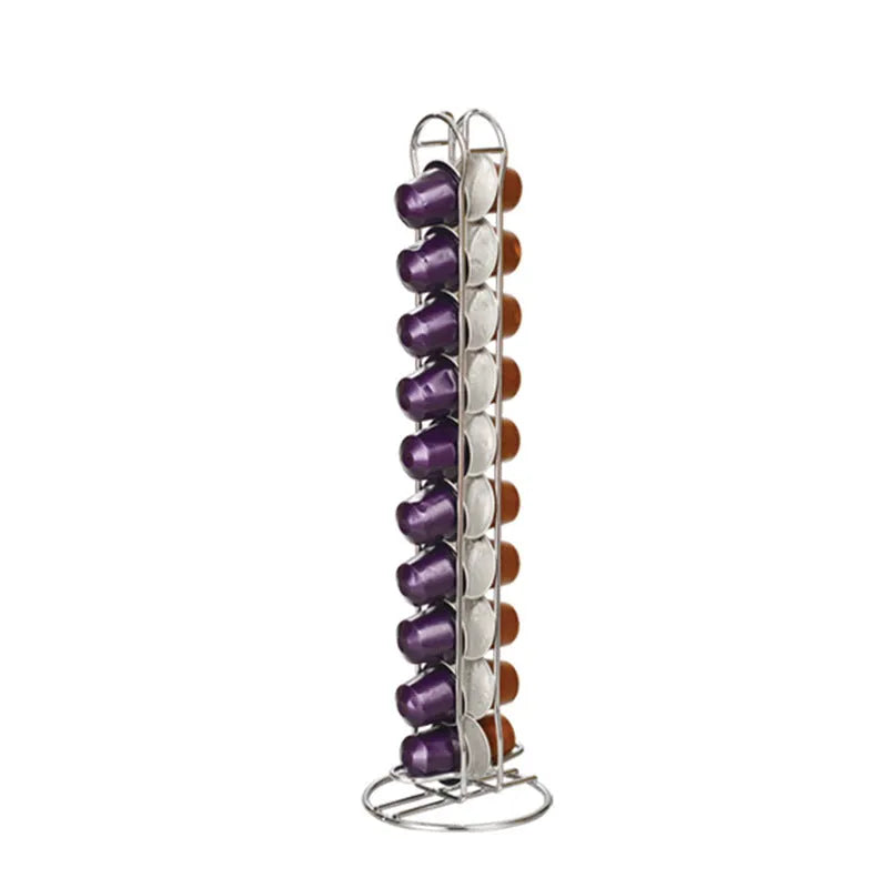 Wrought iron coffee capsule storage rack holding 20 pods in spray black or silver finish
