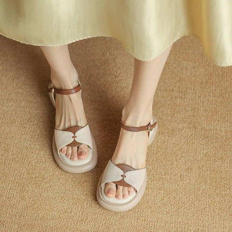 Women's chunky heel platform sandals with open toe in khaki or milky white colours