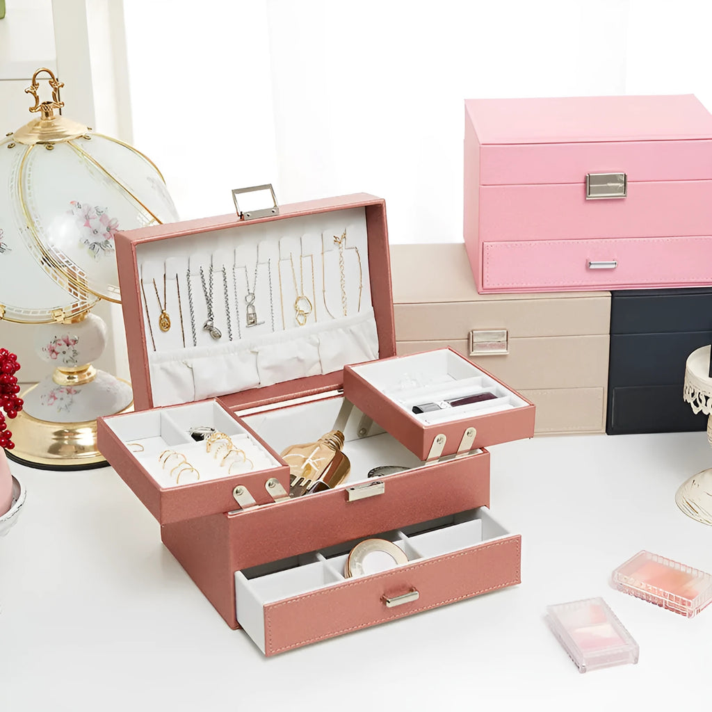 PU leather jewellery storage box in black, pink, rose gold, or beige with hard construction