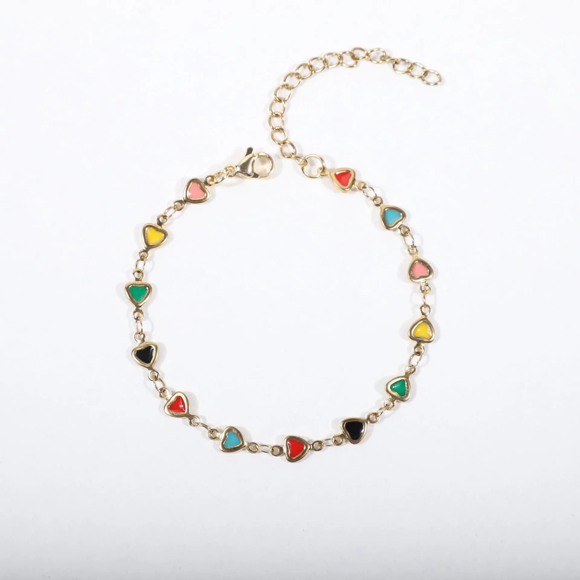 Adjustable stainless steel heart bracelet with 18K gold plating in multiple colour options showing length adjustment