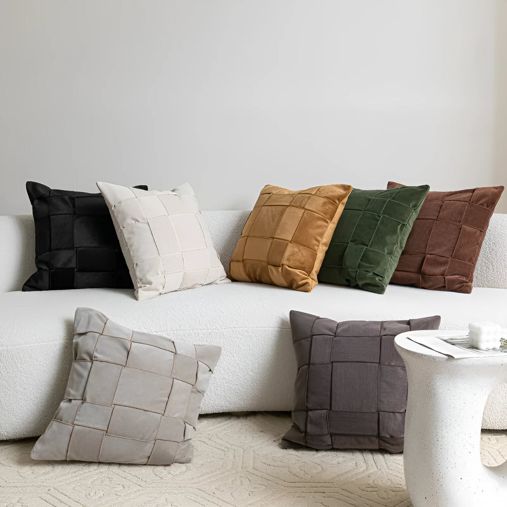 Square chenille woven sofa cushion pillow in beige, measuring 50 by 50 centimetres.
