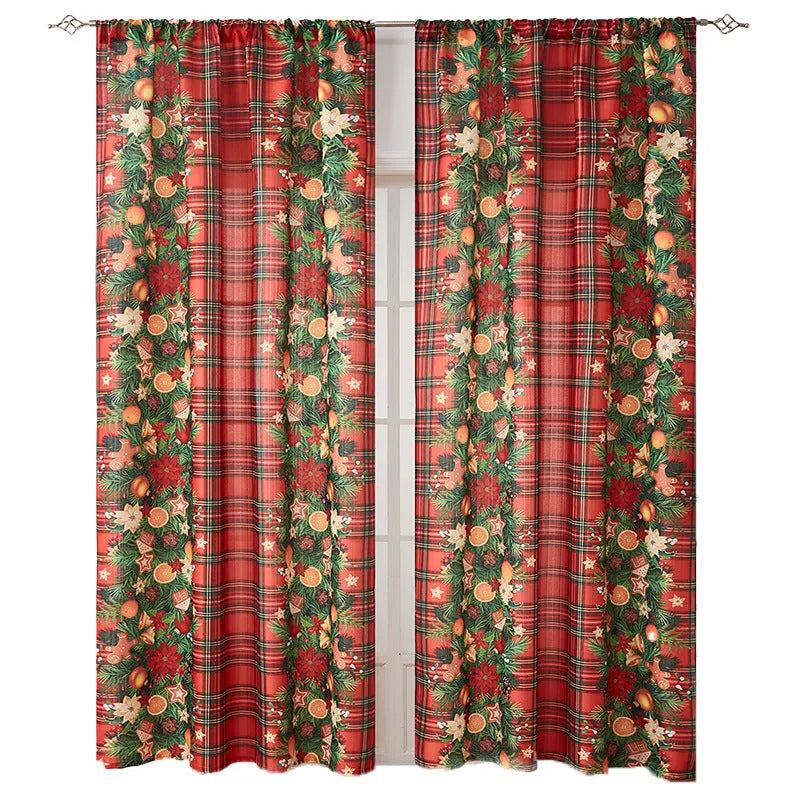 American-style rectangular Christmas printed polyester curtain showing red plaid design with semi-sunshade function