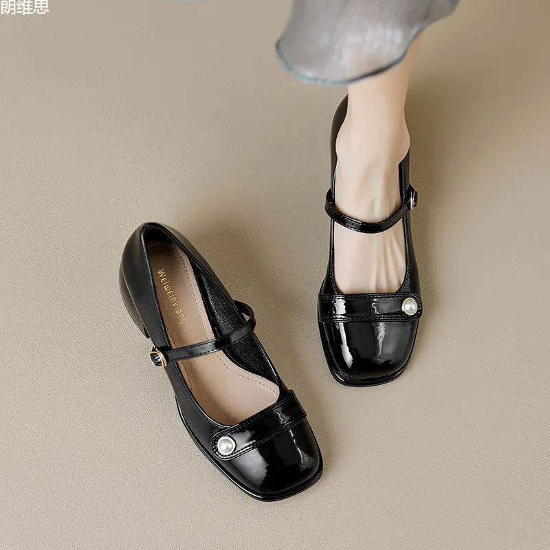 French style women's ankle boots with chunky block heels and patent leather upper in three colour options