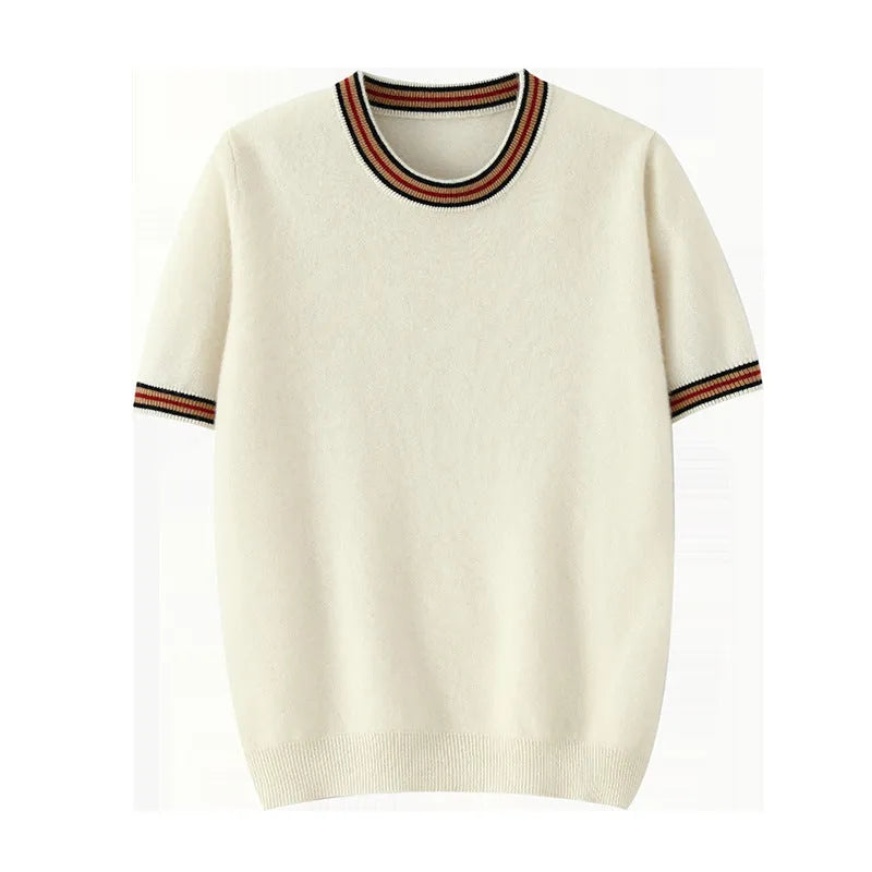 Men's grey pure wool short sleeve pullover sweater with round neck on a hanger.