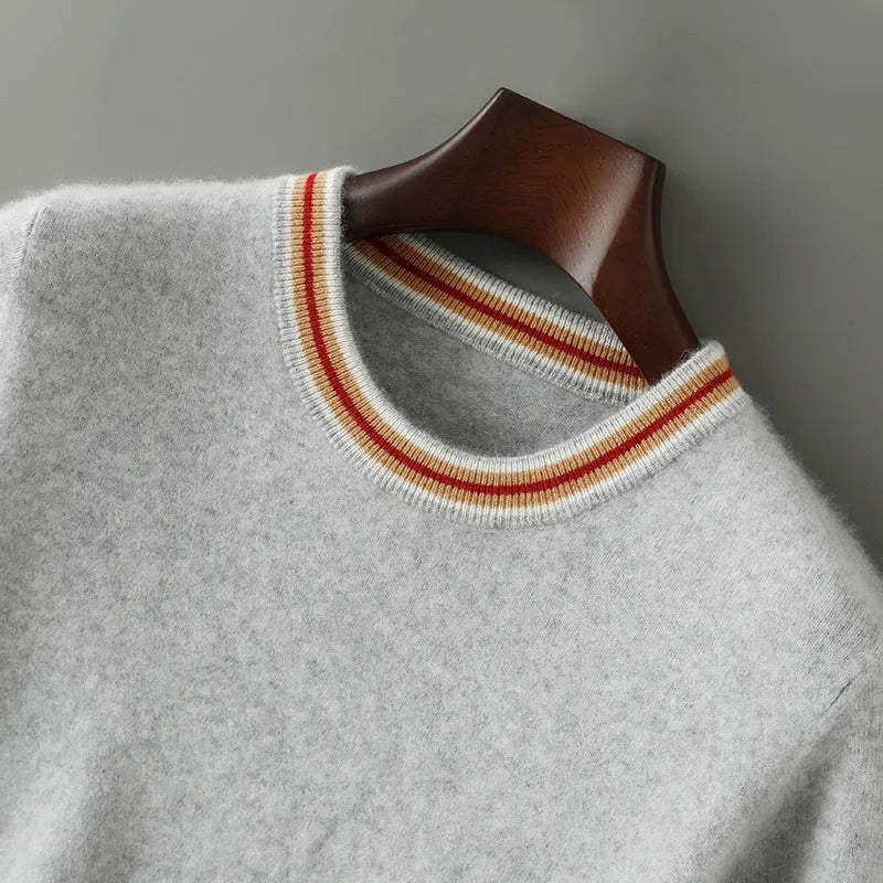 Men's grey pure wool short sleeve pullover sweater with round neck on a hanger.