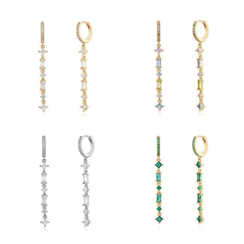 Sterling silver needle geometric U-shaped ear clip with micro-inlaid colourful zircon stones and tassel design.