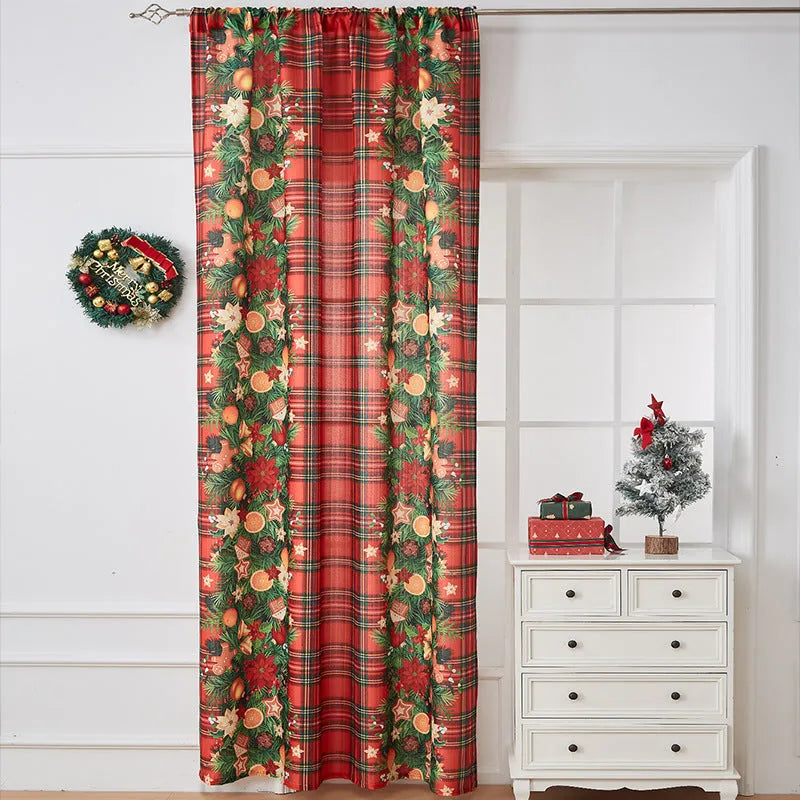 American-style rectangular Christmas printed polyester curtain showing red plaid design with semi-sunshade function