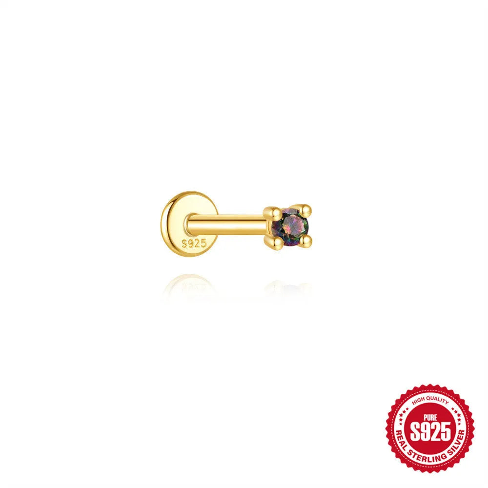 S925 sterling silver flat head thread piercing earring with a rainbow stone in a geometric shape.