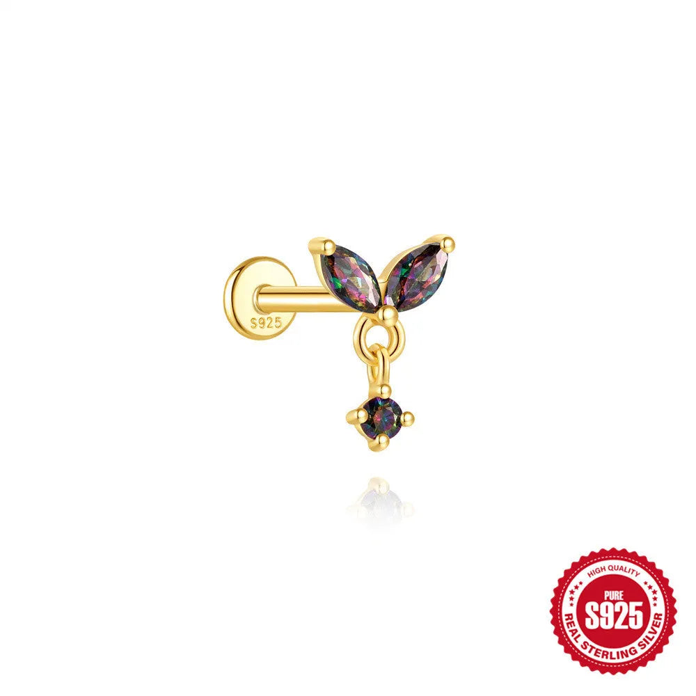 S925 sterling silver flat head thread piercing earring with a rainbow stone in a geometric shape.
