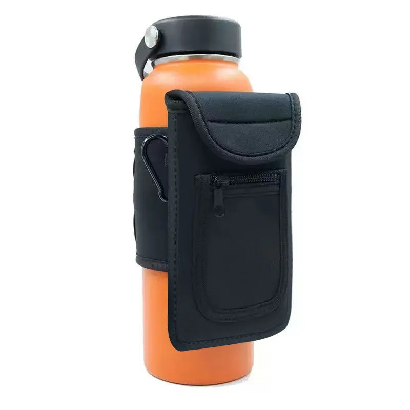 Fitness magnetic cup sleeve covering large sports water bottle with carabiner clip attachment