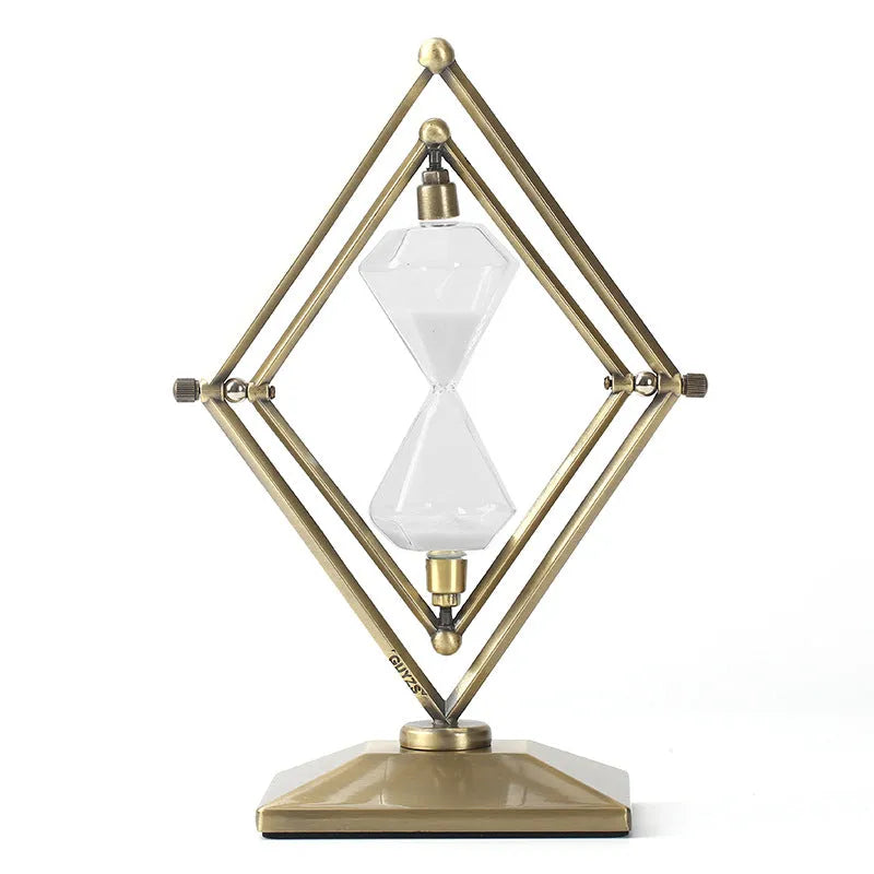 Glass sand timer ornament with zinc alloy metal base showing sand flow timing mechanism