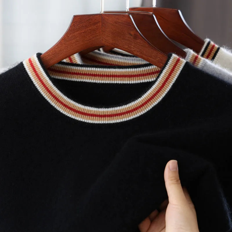 Men's grey pure wool short sleeve pullover sweater with round neck on a hanger.