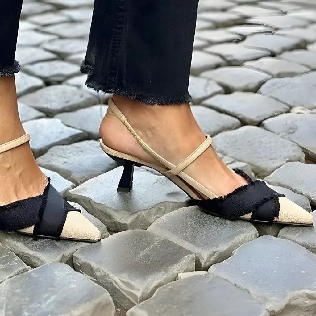 Women's apricot and black colour block stiletto heel sandals with buckle closure and pointed toe