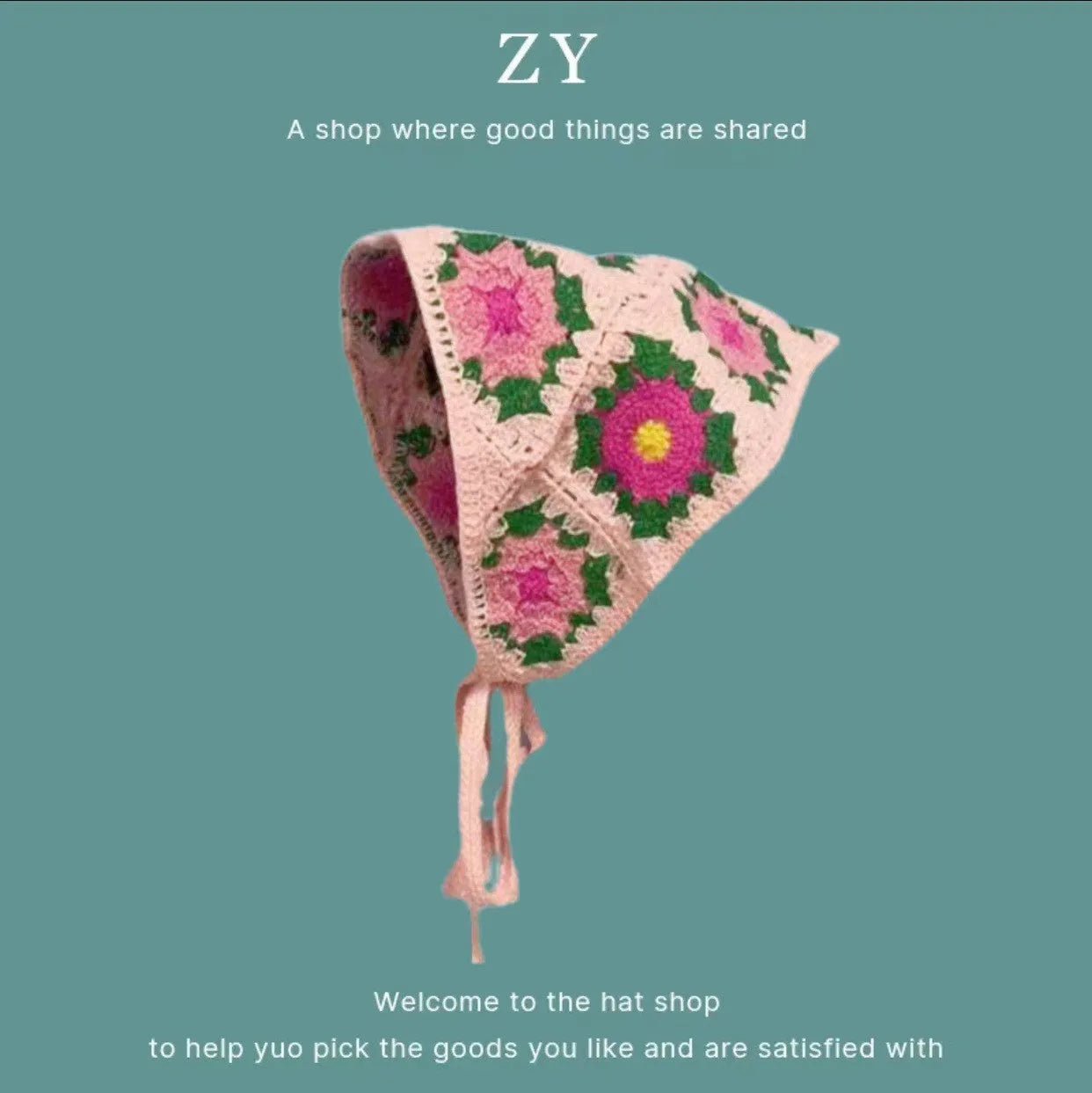 Women's cotton triangle headscarf with floral pattern in French retro style