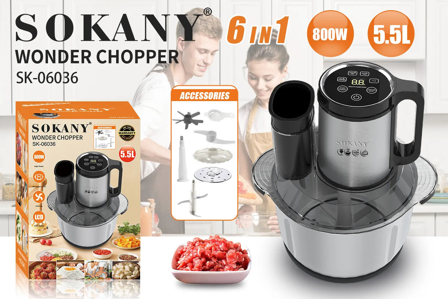 Stainless steel meat grinder with adjustable speed control for home food preparation