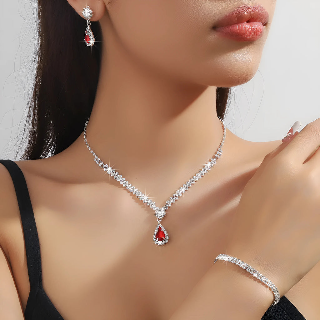 Claw chain necklace and earrings set with water drop rhinestones in multiple colour options