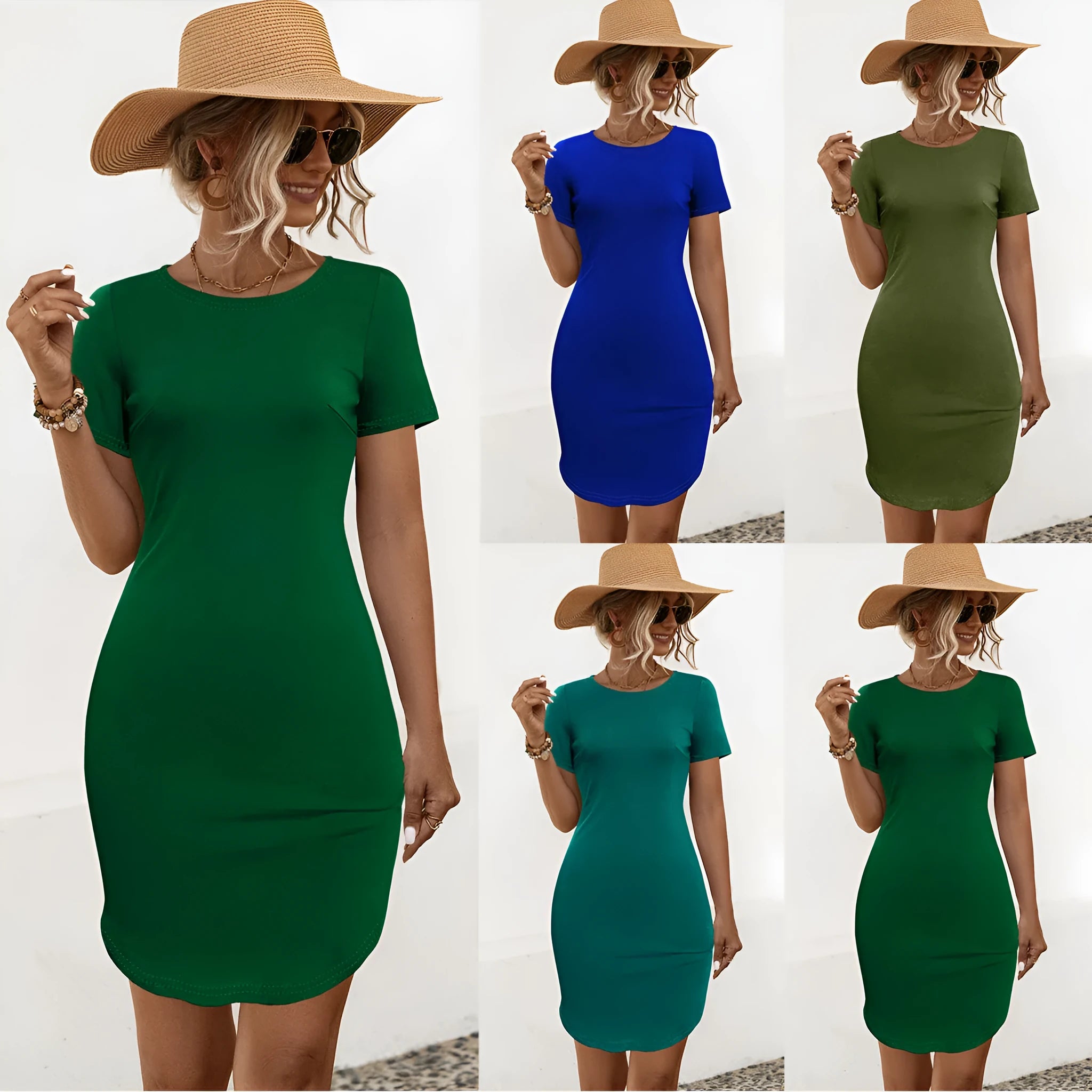 Women's short sleeve slim dress with U-shaped split in cotton blend fabric, solid colour options
