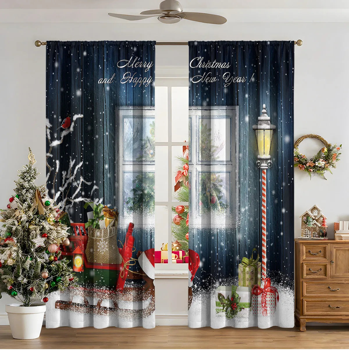 A pair of 3D digitally printed Christmas curtains with a modern festive pattern, hung on a window.