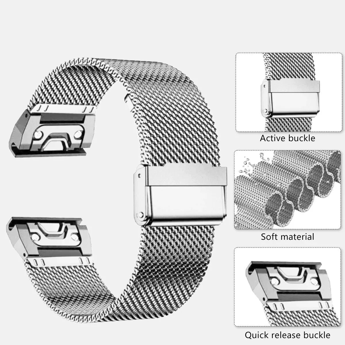 Stainless steel watch strap replacement for Garmin Fenix smartwatches in multiple colours