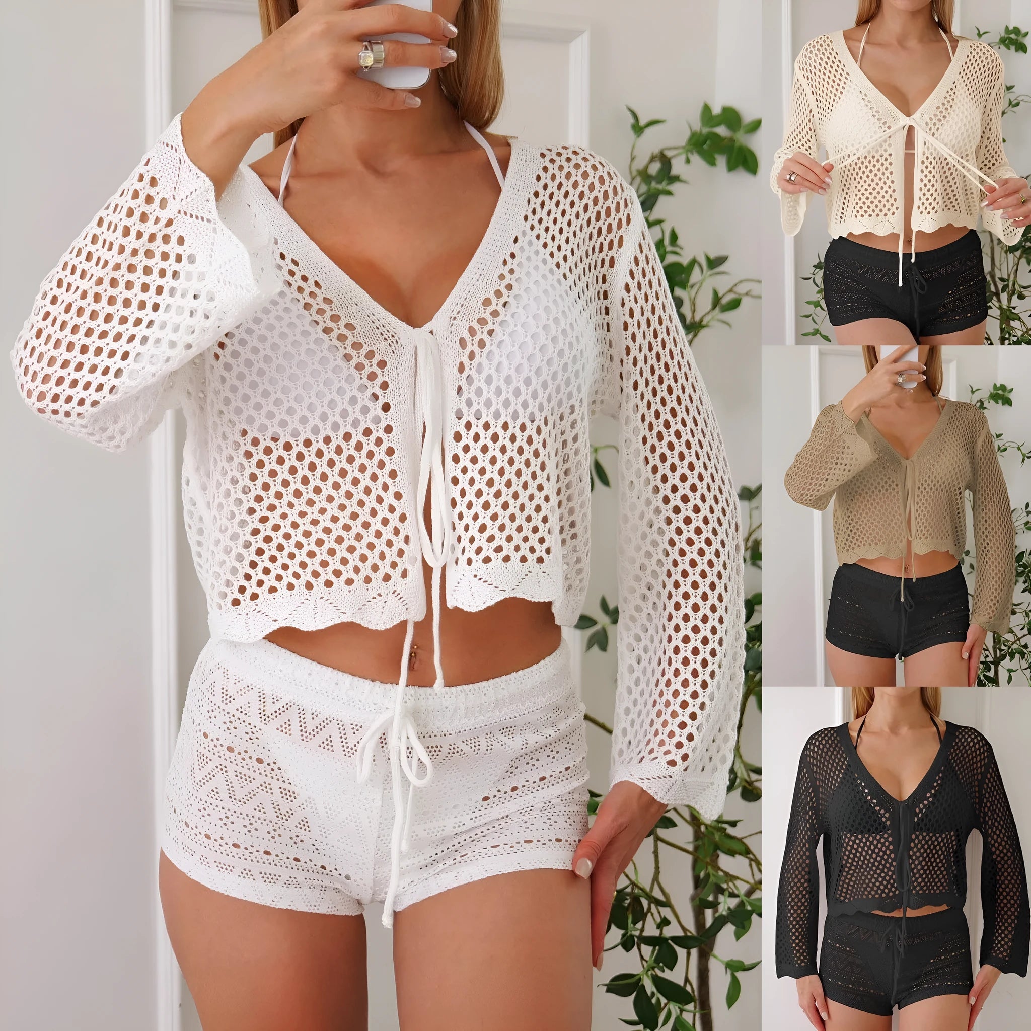 Women's apricot bell sleeve hollow knit cardigan blouse on a hanger.