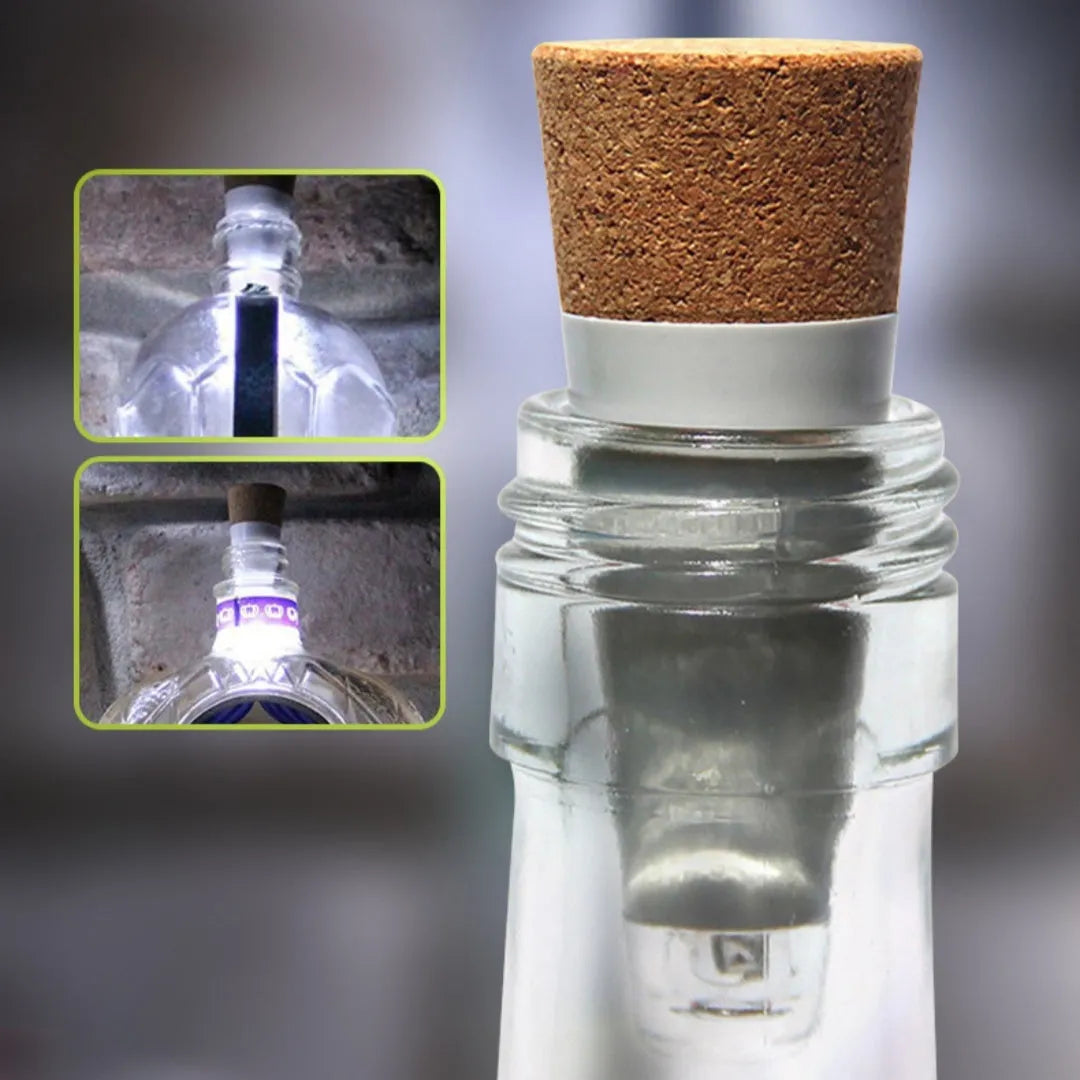 White plastic rechargeable LED bottle cap light with 15 LEDs, shown with battery box, measuring 30mm by 73mm.