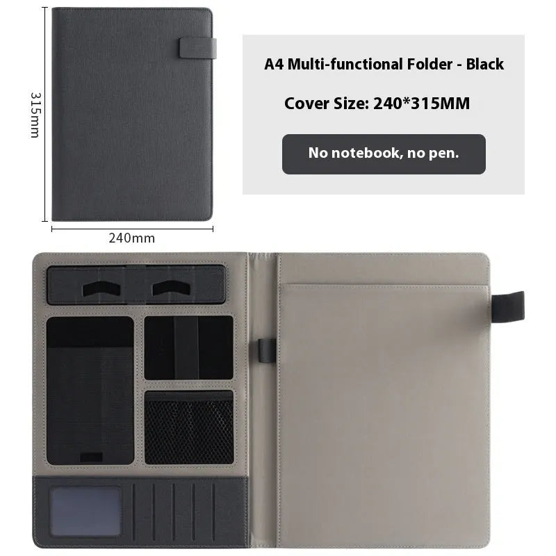 Leather A4 business folder in black with optional pen and notepad accessories