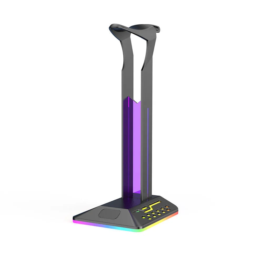 Headphone display rack with RGB lighting and dual USB ports in black acrylic design