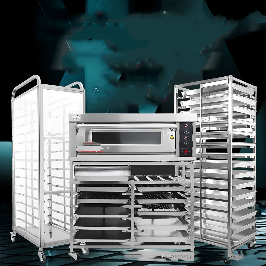 Six-tier stainless steel baking tray rack with secure locking clips