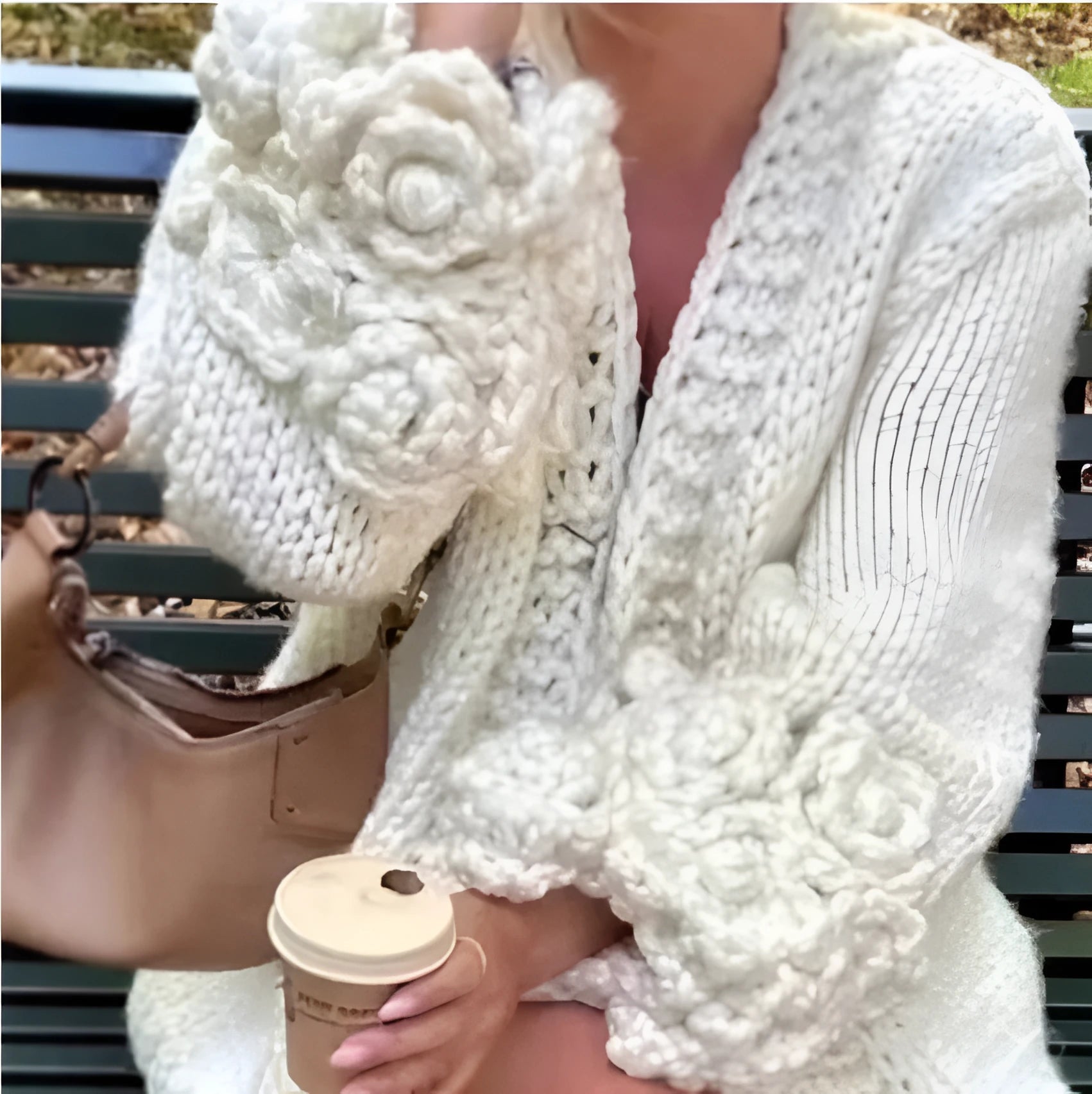 Womens coarse woven long sleeve cardigan with petal sleeves in milky white