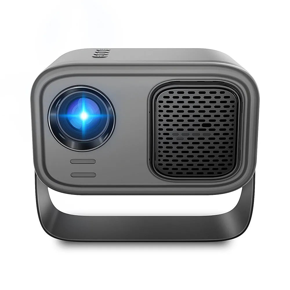 Black portable smart projector with remote control showing HD 1280x720 resolution and 150 lumens specifications