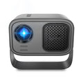 Black portable smart projector with remote control showing HD 1280x720 resolution and 150 lumens specifications