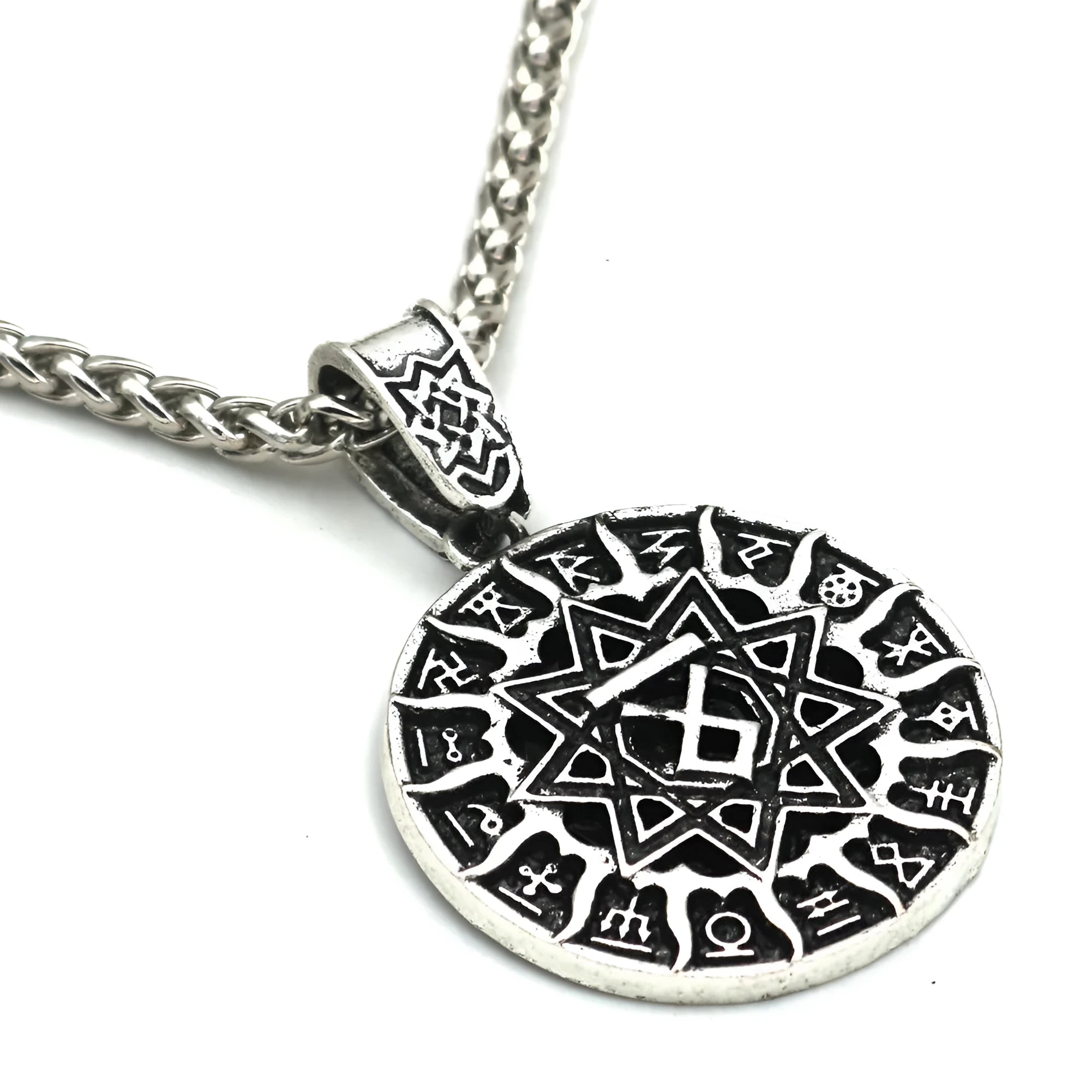 Lunavin ODing logo pendant necklace with Nordic design on an adjustable alloy snake bones chain and leather rope.