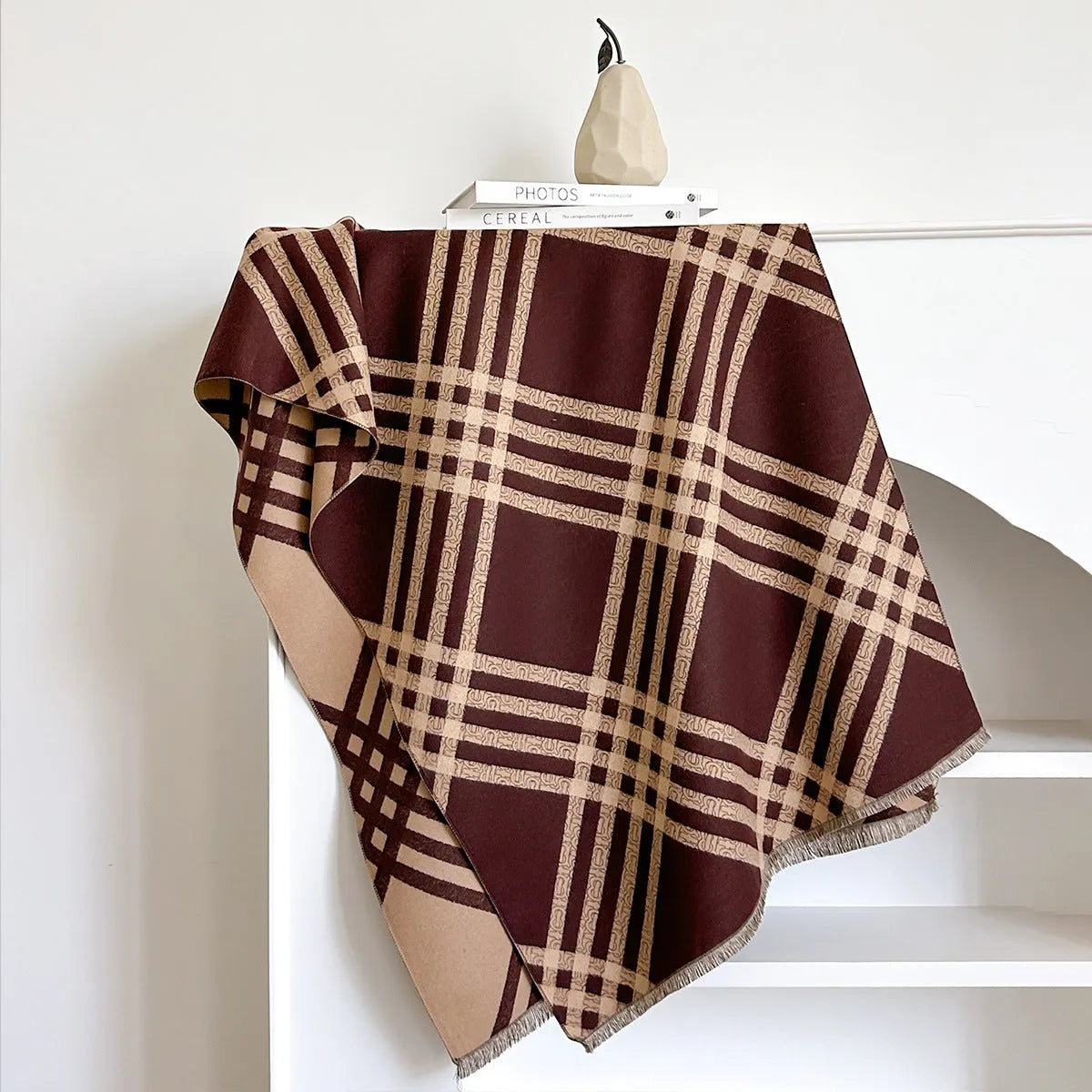 Long brown imitation cashmere scarf with tassels laid flat, showing its 185cm length.