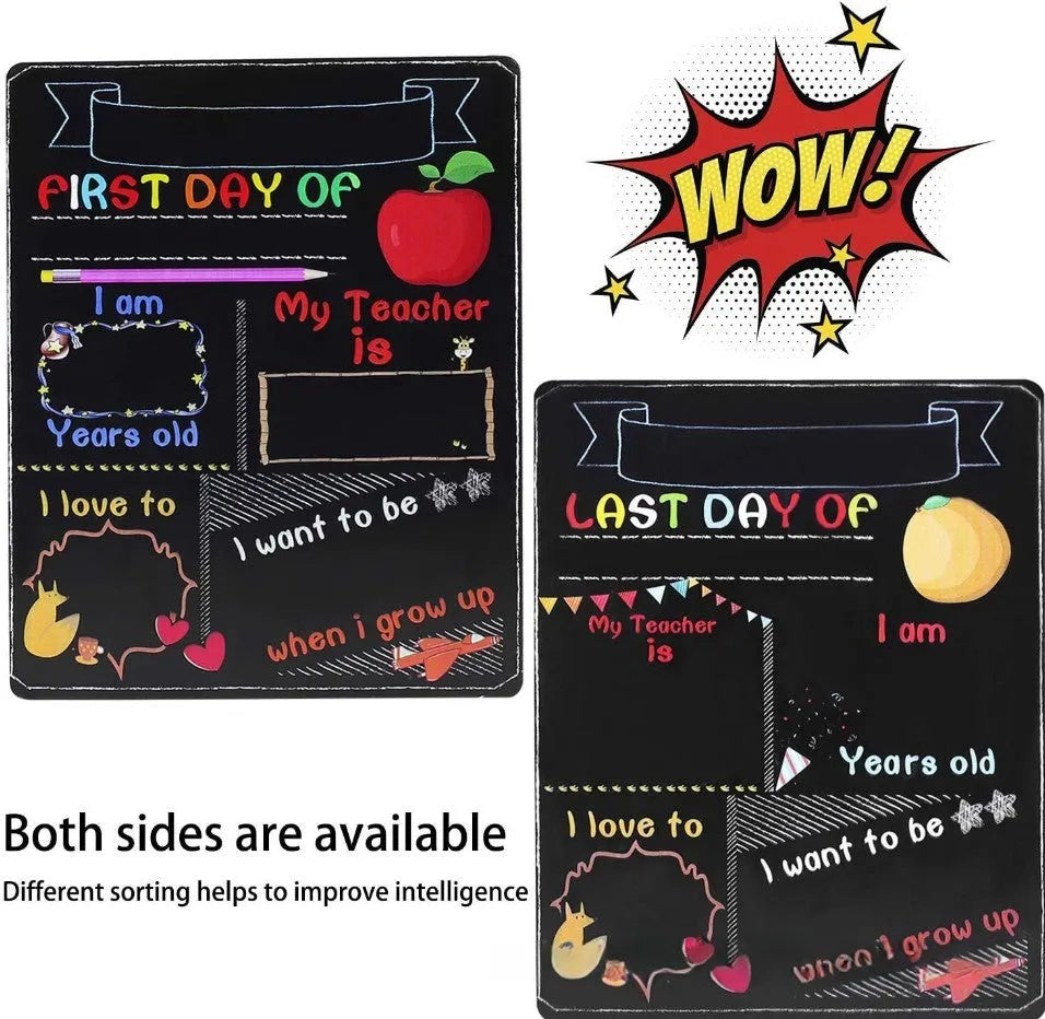 Wooden first day of school blackboard ornament, modern style, 25.5cm by 30cm.