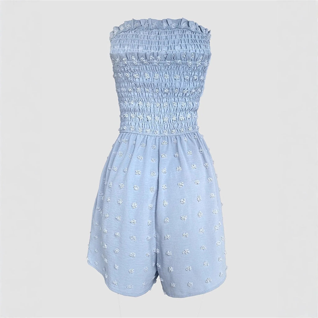 Women's blue off-the-shoulder jumpsuit with sleeveless design and button details