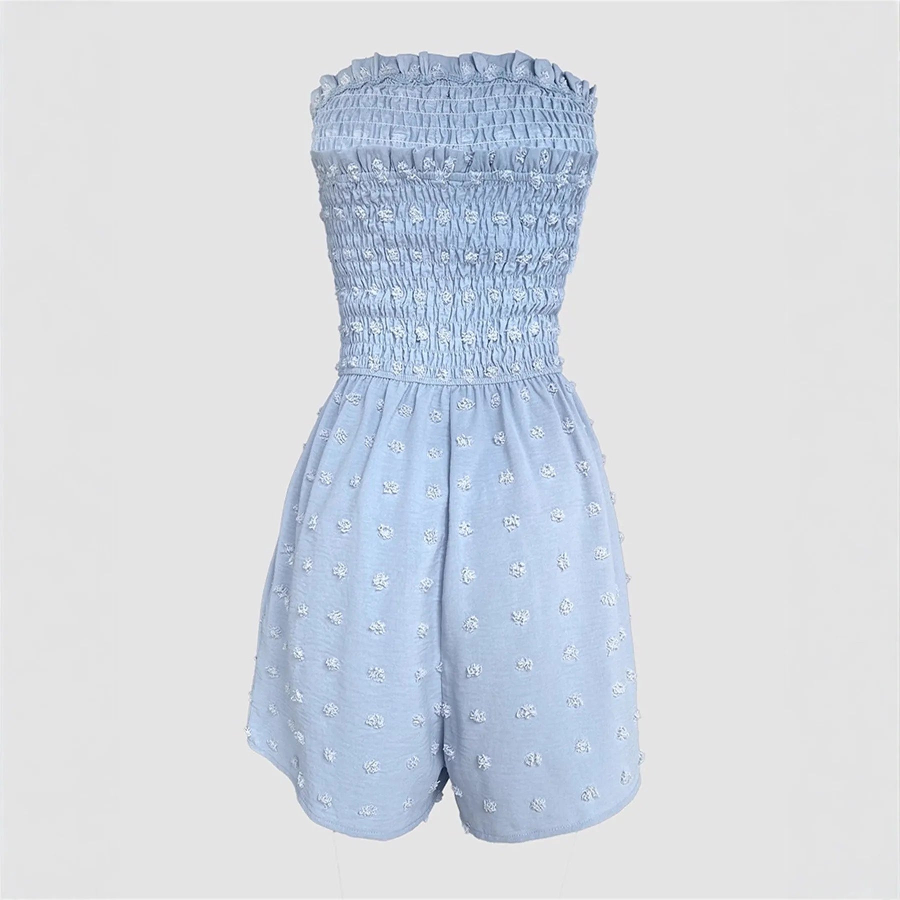 Women's blue off-the-shoulder jumpsuit with sleeveless design and button details