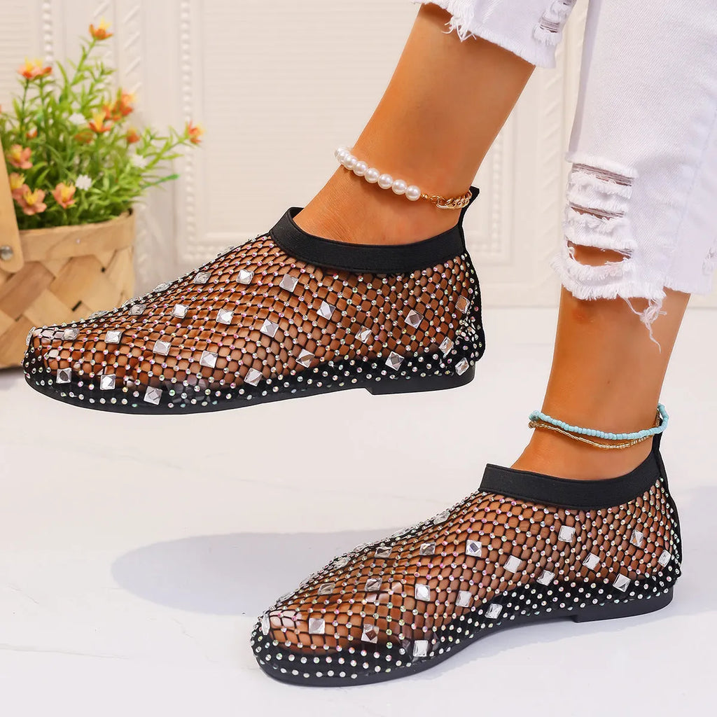 Women's colourful rhinestone mesh flat sandals with rubber sole