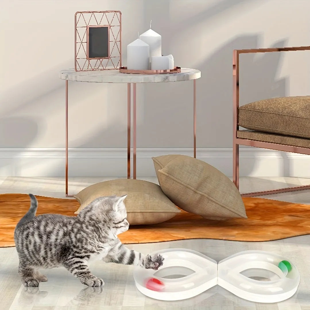 Blue and white interactive cat toy turntable track ball set with teasing stick for kitten play