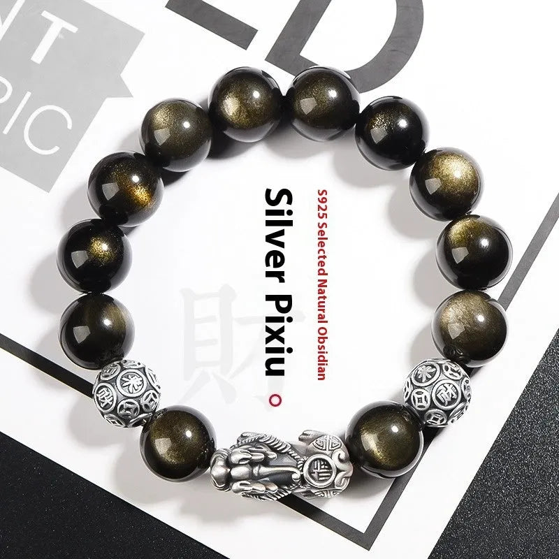 S999 silver natural obsidian bracelet for men, 12mm beads, polished geometric shape