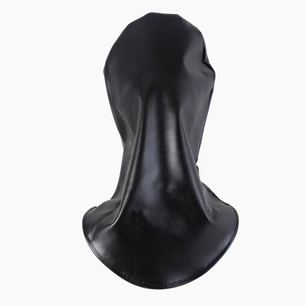 Black leather bondage mask covering eyes and nose area with adjustable strap