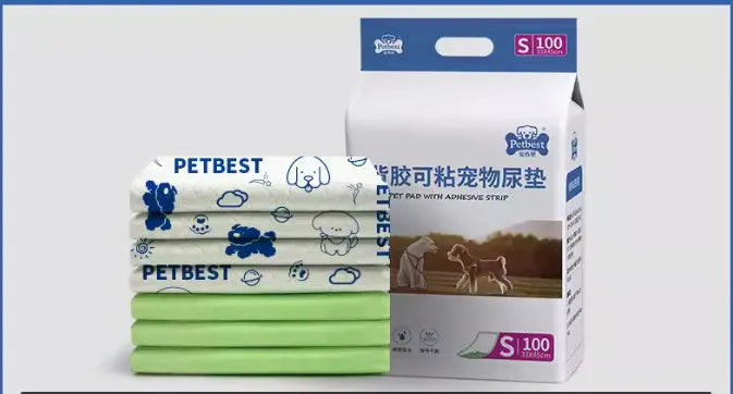 Thickened dog urine training pads showing adhesive backing and bamboo charcoal variety in multiple sizes
