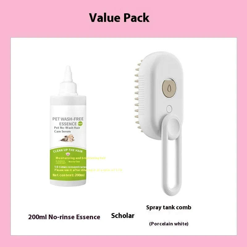 Dog grooming kit with a bottle of wash-free detangling spray and a matching ABS plastic massage comb.